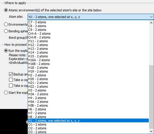 Screenshot of Start Exploration dialog when atom N1 is pre-selected in structure picture