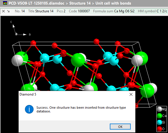 Screenshot of structure picture of diopside inserted from the Structure Type database