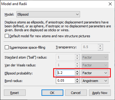 Model and Radii dialog to increase size of ellipsoids