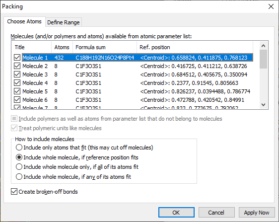 Choose atoms page of the Packing dialog