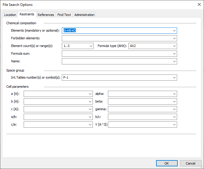 Restraints page of File Search Options dialog