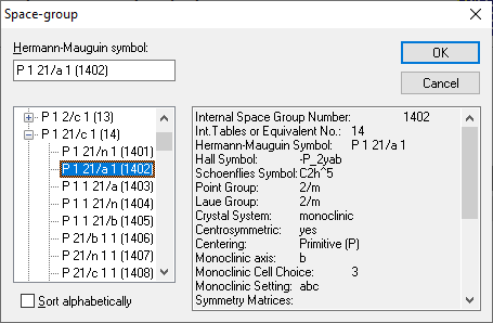 Space group dialog