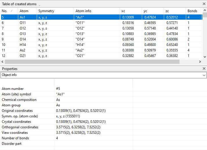 Screenshot of table of created atoms with properties of selected atom below