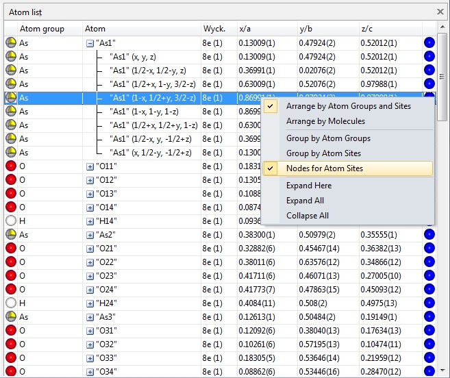 Atom list not grouped for atom groups but with nodes for atom sites, and only site As1 expanded