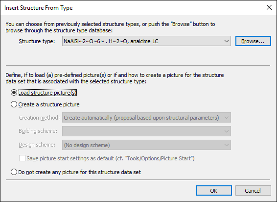 Screenshot of Insert Structure From Type dialog with option to load pre-defined pictures