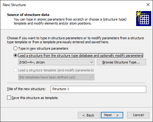 Screenshot of New Structure Assistant with ZrSO4 as template