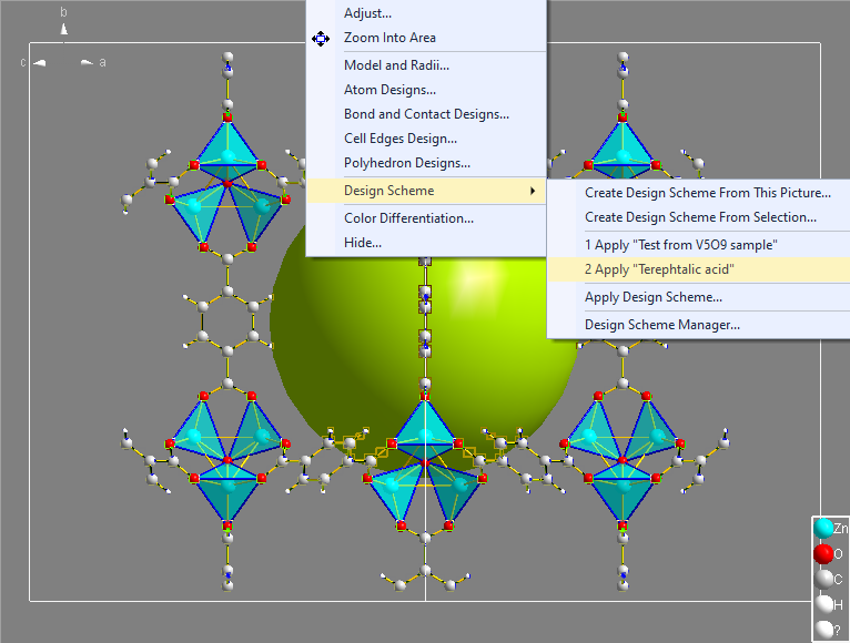 MOF-5 compound COD:1516287 with Display/Design Scheme sub-menu open