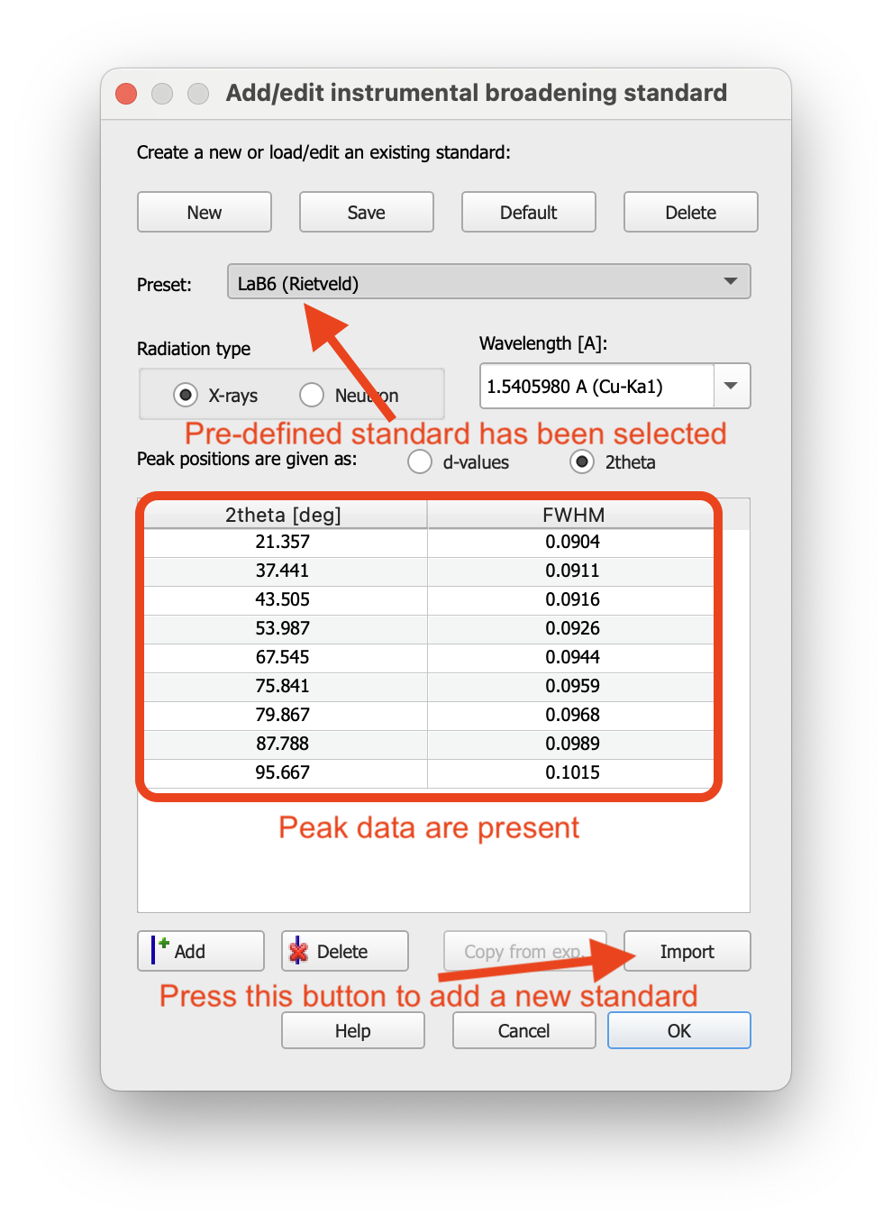 Screenshot showing the 'Instrumental broadening standard' window