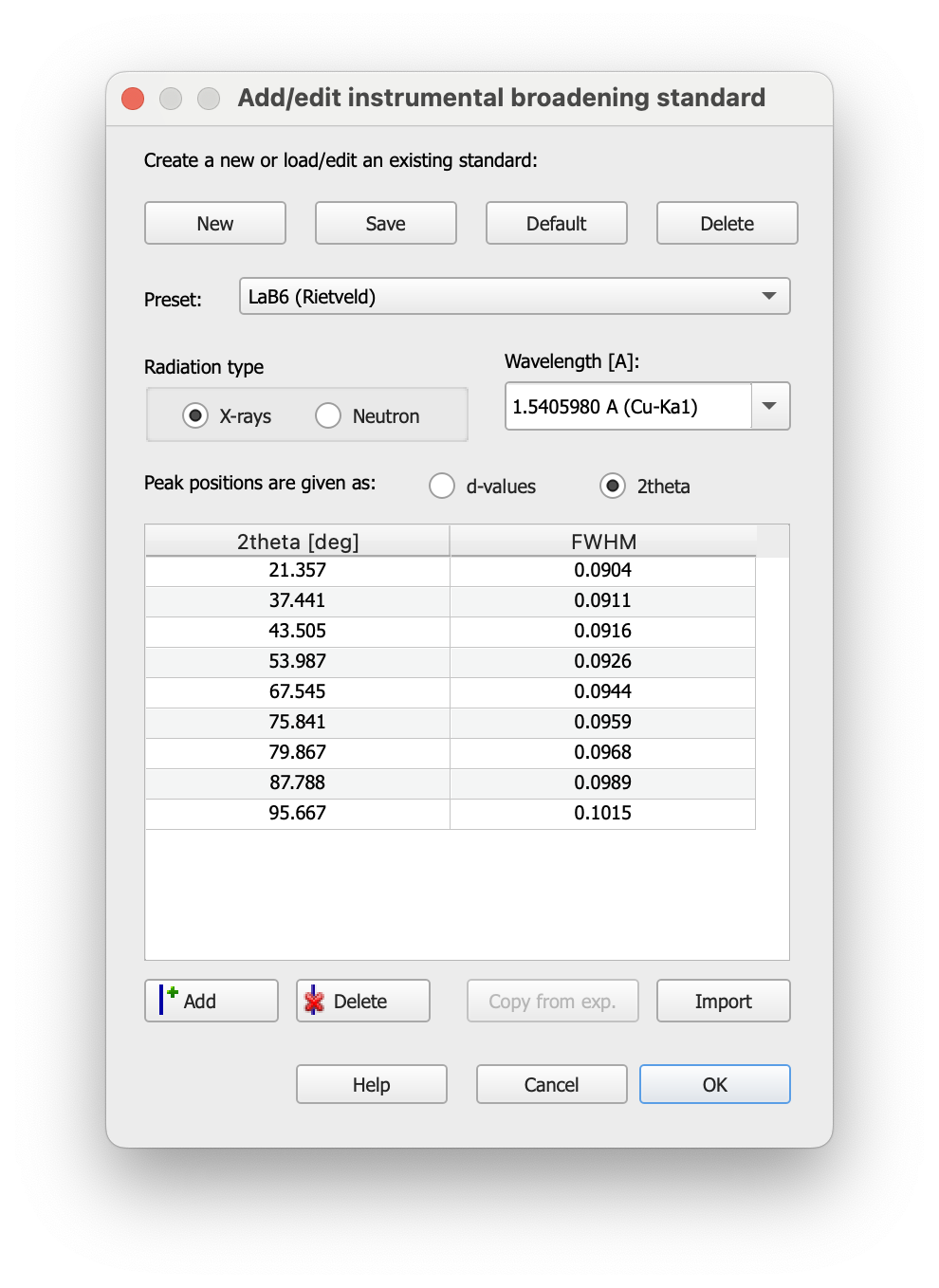 Screenshot showing the 'Instrumental broadening standard' window with standard LaB6